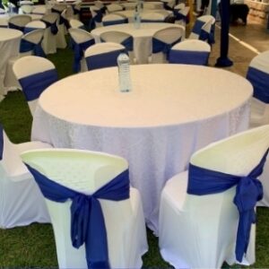 DRESSED PLASTIC CHAIR WITH SPANDEX AND SATIN TIEBACK